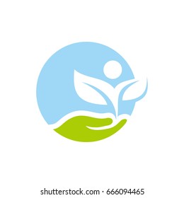 Pictograph of leaf on palm hand with sun as human figure symbol from environment for icon, logo and identity designs