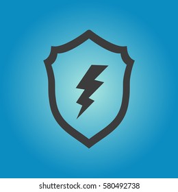 Pictograph of Lightning on the shield. Flat vector illustration in black on white background.