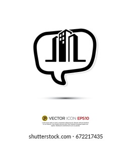 Pictograph of Message and chat about building, property investment and real estate for icon, logo and identity designs.