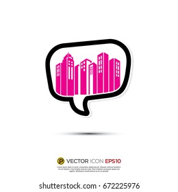 Pictograph of Message and chat about building, property investment and real estate for icon, logo and identity designs. neon color