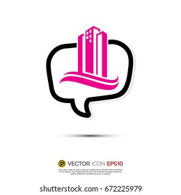 Pictograph of Message and chat about building, property investment and real estate for icon, logo and identity designs. neon color