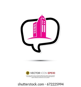 Pictograph of Message and chat about building, property investment and real estate for icon, logo and identity designs. neon color