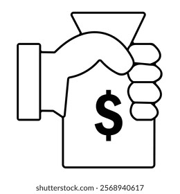 Pictograph of money in hand sing. Doller bag in hand sing. Outline Pictograph of money in hand. vector illustration. 