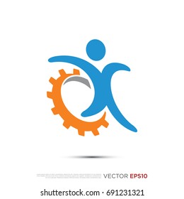 Pictograph of people challenge human figure with gears for icon, logo and identity designs