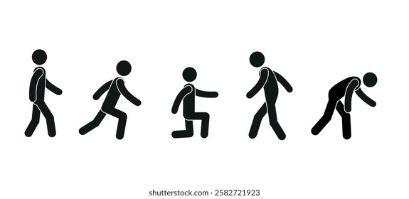  Pictograph people in different poses, walking, bent over, silhouette of a human figure isolated on a white background