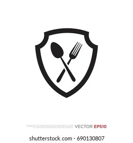 Pictograph of shield combine with spoon and fork for icon, logo and identity designs