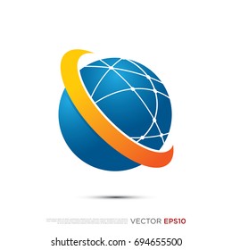 Pictograph Of Sphere Globe Orbit Planet In Blue With Orange Swoosh For Template Logo, Icon, And Identity Vector Designs