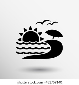 Pictograph summer vacation icon sun beach umbrella Sea on white background.