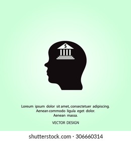 Pictograph thinking silhouette of bank in head vector icon.
