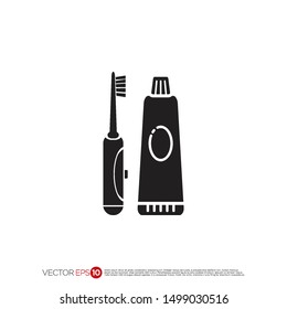 Pictograph of toothbrush and toothpaste for template logo, icon, and identity vector designs.