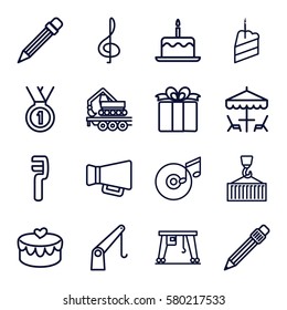 pictograph vector icons. Set of 16 pictograph outline icons such as cake with one candle, clamp, cargo crane, cargo on hook, present, heart lock, megaphone, pen, pencil