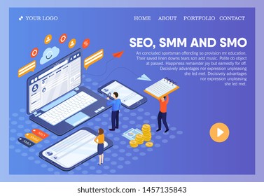 Pictographic for SEO, SMM, SMO or Search Engine Optimization, Social Media Marketing and Social Media Optimization for websites and e-business with people viewing data on a laptop, mobile and tablet