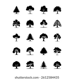 Pictographs of coniferous, deciduous trees of different shapes. Set of vector black icons with nature elements