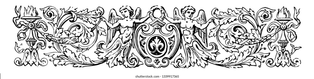 Pictorial Banner have two cherubs or torches and a shield vintage line drawing or engraving illustration.