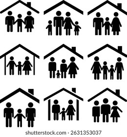 A ilustração pictórica inclui uma variedade de ícones monocromáticos da silhueta da família de dois pais e seu filho ou filhos em pé sob um telhado, simbolizando segurança e lar para famílias.