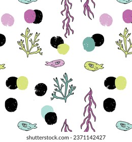 Bildliches und illustratives Muster mit Fischen und Korallen, geeignet für Wrapper, Wallpaper und Drucke