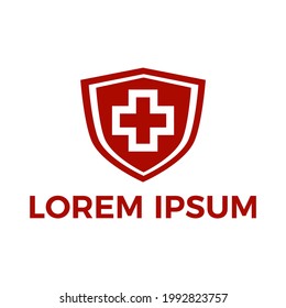 pictorial logo with a cross in a red shield