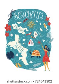 Pictorial map of Seychelles hand drawn vector illustration isolated on white background. With island silhouette, names, tourism symbols. Perfect for travel concept, greeting card, poster, guide cover.
