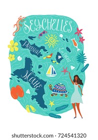 Pictorial map of Seychelles hand drawn vector illustration isolated on white background. With island silhouette, names, tourism symbols. Perfect for travel concept, greeting card, poster, guide cover.