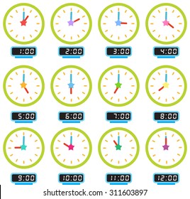 A picture of 12 clocks showing every hour