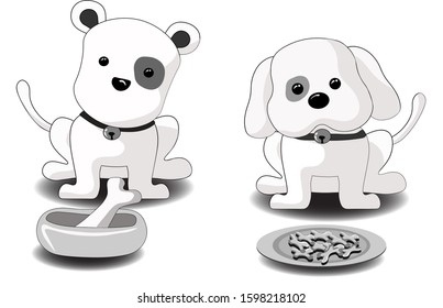Picture of 2 cute dogs with bones and food on a plate of rice ,Vector flat illustration icon design