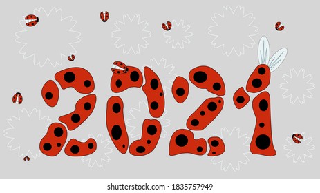 Сartoon picture 2021 Happy New Year and Merry Christmas design vector illustration red ladybug for 2021 celebration