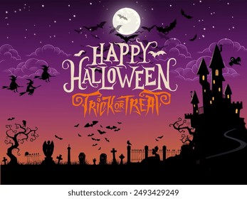 a picture of 3 witches are flying together, shadows of bats colony, ghost,castle and a cemetery theme with a gradient background of orange and purple. Halloween event celebrate on october 31st