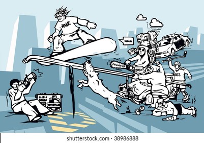 The picture is about the brave young jibber and a crowd of his evil-wishers.  He is a snowboarder, who uses a urban constructions for his tricks.