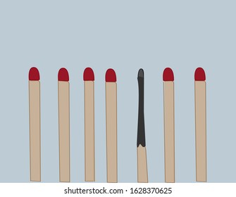 Picture about burnout and fatigue at work, in society, in a team. Vector image: one burned match among unburned matches.