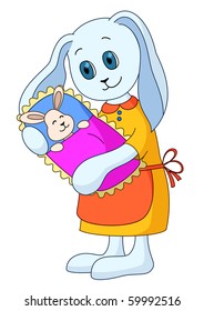 Picture about love and motherhood: rabbit-mother holds on hands of a little hare-child