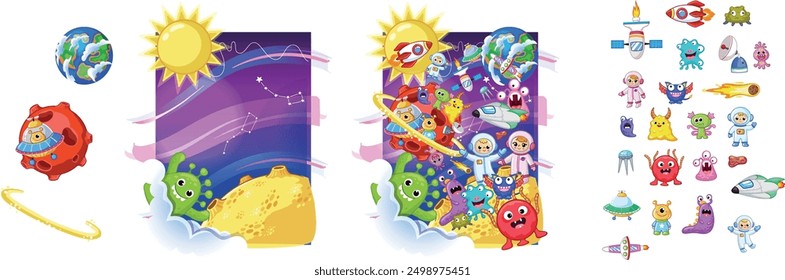 The picture is about space exploration by kids in spacesuits with friendly aliens. There are planets, spaceships, a satellite, a shooting star, and the sun. The colors are vibrant and cheerful.