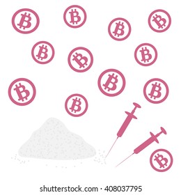 Picture about transactions in bitcoin: bitcoins and drugs on a white background