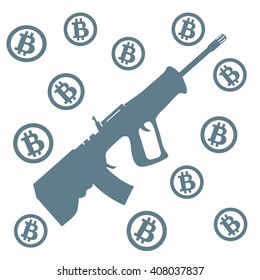 Picture about transactions in bitcoin: bitcoins and rifle on a white background