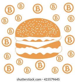 Picture about transactions in bitcoin:  bitcoins and hamburger on white background