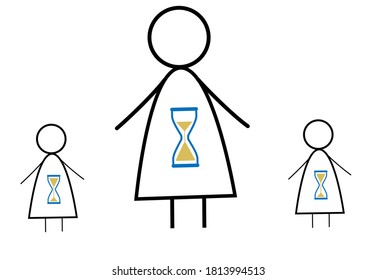 In the picture an adult and children with hourglass. Vector graphics.