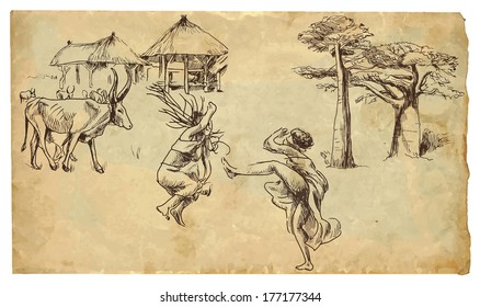 Picture of African Life - Africa - Two natives (women) dancing. Vector hand drawn illustration (drawings on vintage paper in the bottom layer).