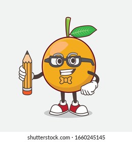 A picture of African Mangosteen cartoon mascot character holding pencil