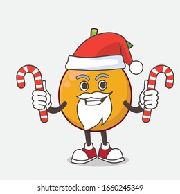 A picture of African Mangosteen cartoon mascot character in Santa costume with candy