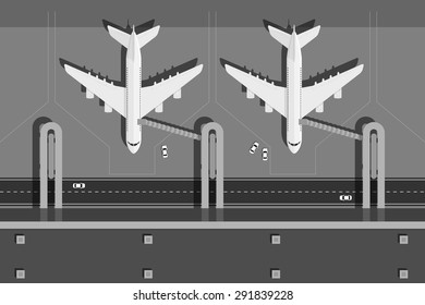 picture of airport terminal with two planes, top view, flat style illustration