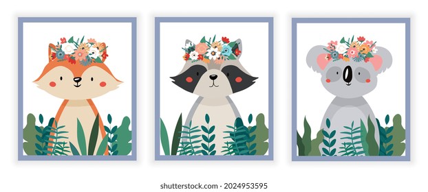 Picture with animals. Squirrel, raccoon and koala stand among flowers. Posters and stickers for children. Wildlife, mammal. Flora and fauna. Cartoon flat vector set isolated on white background