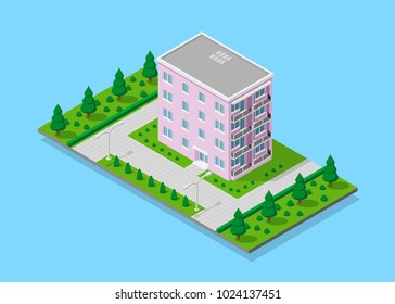 Picture of apartment house with footpaths, trees and street lights, low poly town building, isometric icon or infographic element for city map creation