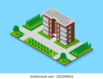 Picture of appartent house with footpaths, trees and street lights, low poly town building, isometric icon or infographic element for city map creation