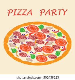 Picture with appetizing pizza with inscriptions pizza party.