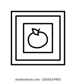 Picture of an apple, an apple in a frame. Black and white illustration, hand drawn coloring.