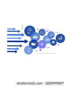 a picture of arrows and some blue circles and various icons in it