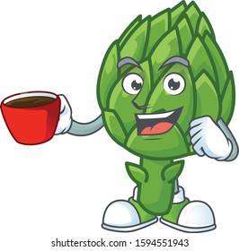 Picture of artichoke character with a cup of coffee