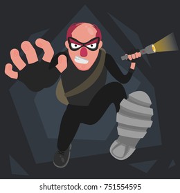A picture of a balding thief in a mask that runs with a flashlight in his hand and pulls his hand forward