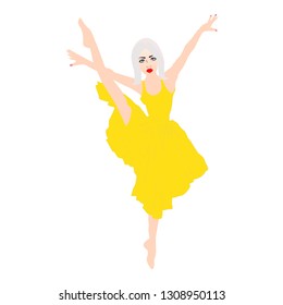 In the picture a ballerina girl, a girl in a yellow dress dances. The girl for the cover. The girl is blonde.