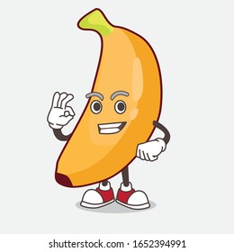 A picture of banana cartoon mascot character with calling gesture