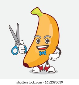 A picture of banana cartoon mascot character as smiling barber with scissors on hand